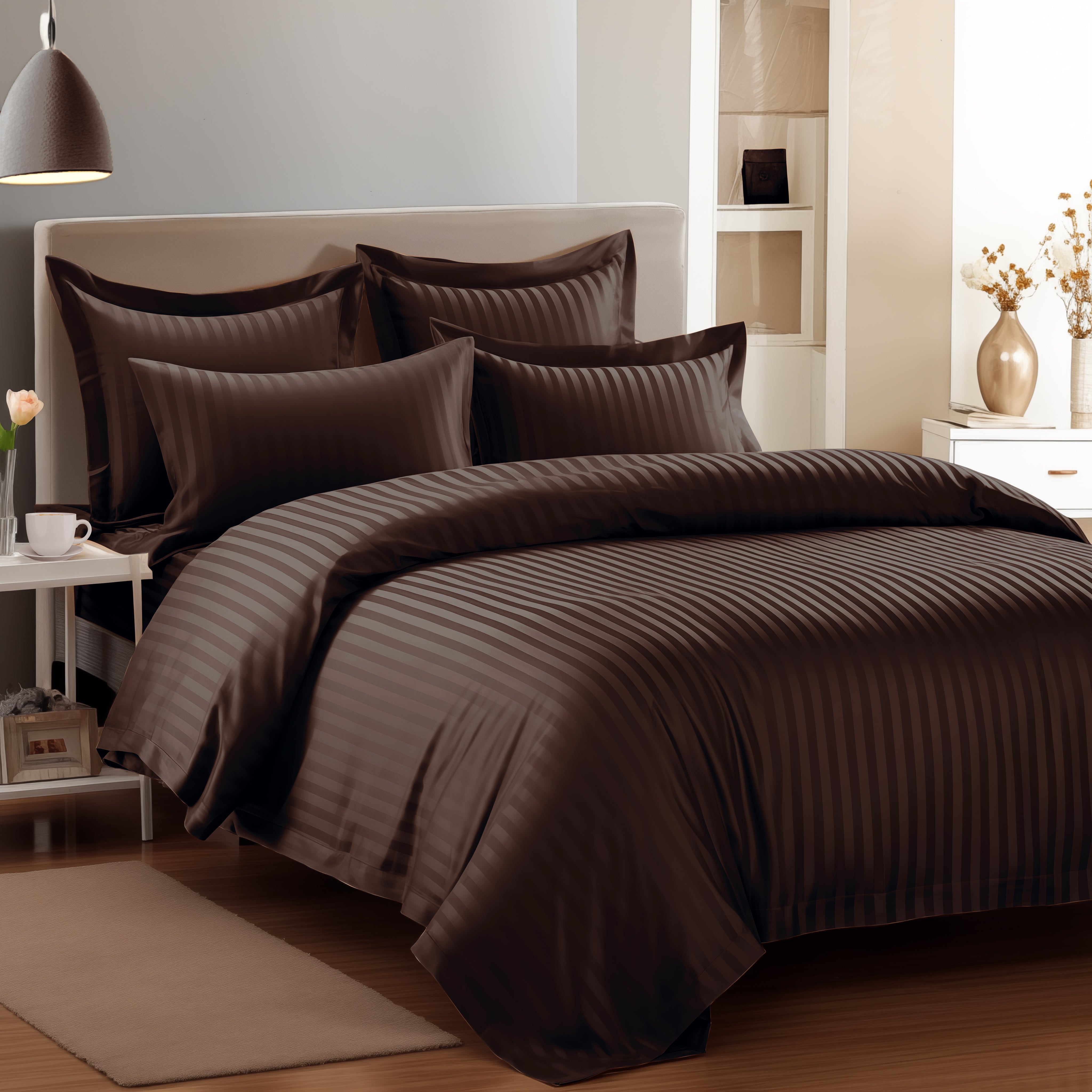 Aster 300 TC Dark Brown Double Size Striped Bedsheet With Pillow Cov