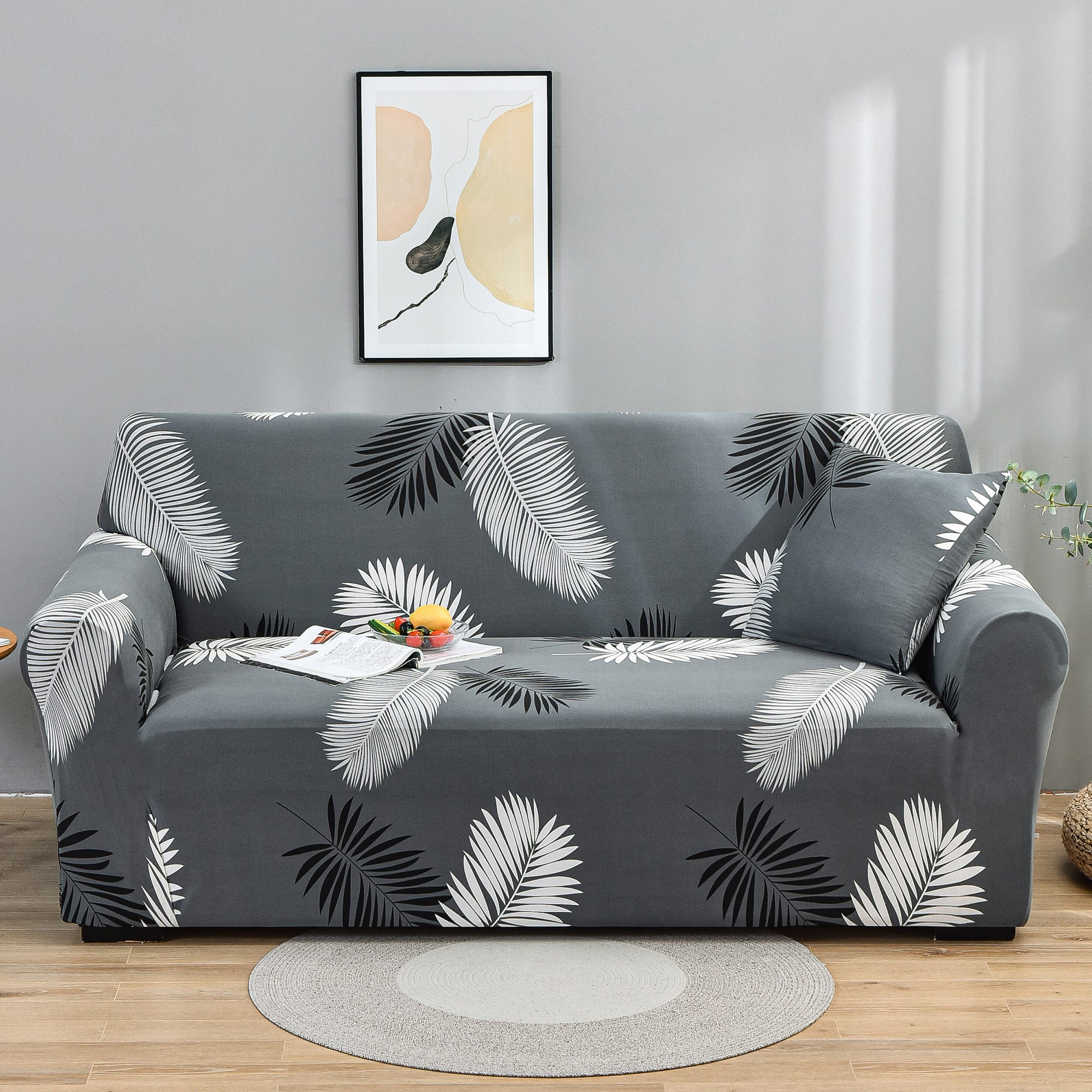 Sofa Cover for Seater – Elastic Stretchable Grey Leaves