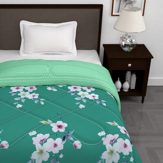 180 GSM Green Floral Microfiber Fusion Reversible Single Comforter