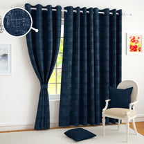 2 Pcs Navy Blue Grunge Blackout Emboss Faux Silk Room Darkening Window/Door/Long Door Curtains