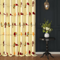 2 Pcs 300 GSM Pale Yellow & Red Birds Bohemian Cotton Canvas Curtain Window/Door/Long Door Curtains