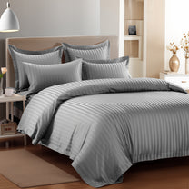 Aster 300 TC Light Grey Double Size Striped Bedsheet With Two Pillow Cover