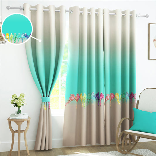 2 Pcs Beige & Teal Abstract / Bird Digital Faux Silk Medium room Darkening Window | Door | Long Door Curtains