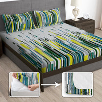 Arena 186 TC Grey & Lime Queen Size Fitted Bedsheet With 2 Pillow Cover