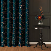 2 Pcs Blackout Foil Navy Blue & Copper Branches Window/Door/Semi Long Door/Long Door Curtains