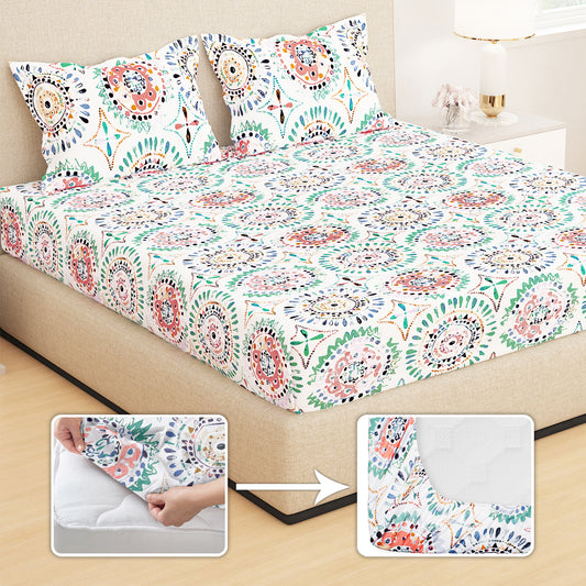 Monte 210 TC White & Peach Motif Double Fitted Bedsheet With 2 Pillow Covers