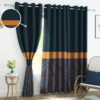 2 Pcs Navy Blue & Copper Abstract Digital Faux Silk Medium room Darkening Window | Door | Long Door Curtains