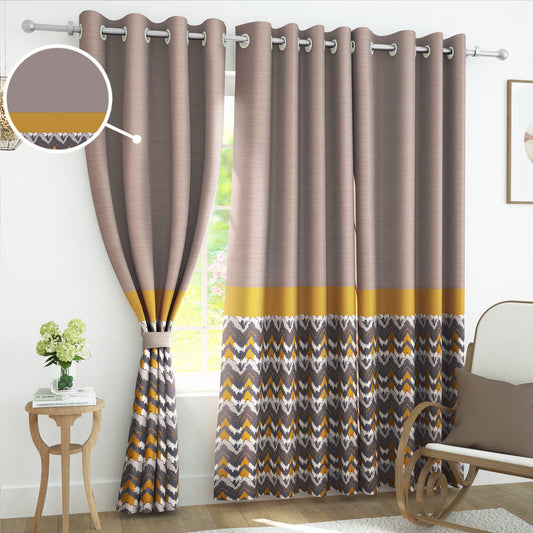 2 Pcs Light Brown & Golden Abstract Digital Faux Silk Medium room Darkening Window | Door | Long Door Curtains