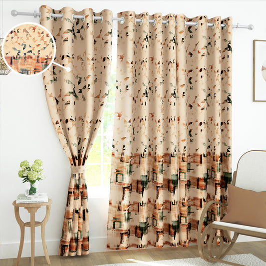 2 Pcs Beige Abstract Digital Faux Silk Medium room Darkening Window | Door | Long Door Curtains