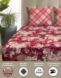 Arena 186 TC Magenta & Beige Floral Double Size Bedsheet With 2 Pillow Cover