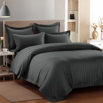 Aster 300 TC Dark Grey Double Size Striped Bedsheet With 2 Pillow Cover