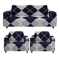 Sofa Cover Combo – 2 Pcs 1 Seater and 1 Pc 3 Seater Elastic Stretchable in Navy Blue & Grey Geometric Pattern by Story@Home