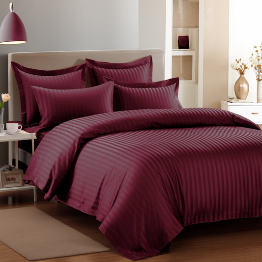 Aster 300 TC Dark Maroon Double Size Striped Bedsheet With 2 Pillow Cover