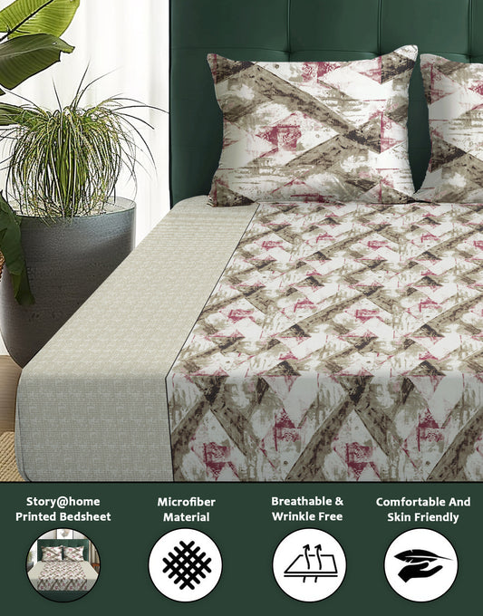 Arena 160 TC Brown & Red Abstract Double / Single Size Bedsheet With Pillow Cover