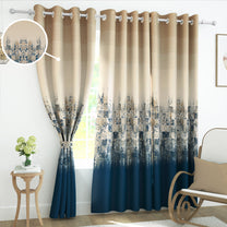 2 Pcs Beige & Blue Abstract Digital Faux Silk Medium room Darkening Window | Door | Long Door Curtains