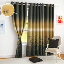 2 Pcs Grey & Golden Abstract Digital Faux Silk Medium room Darkening Window | Door | Long Door Curtains