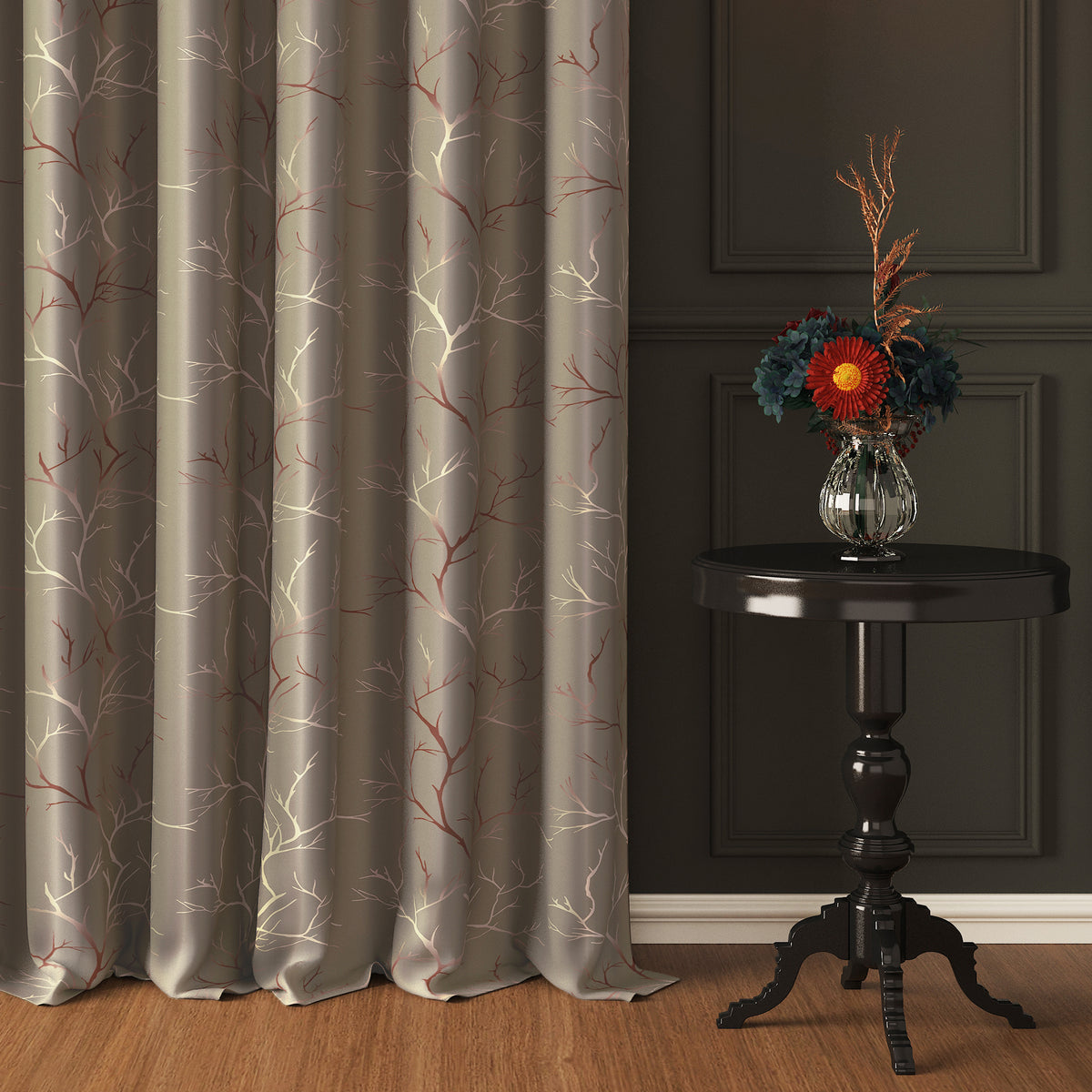 Two-piece blackout curtains with ivory and copper branch foil pattern, hanging beside a dark wooden table with a vase