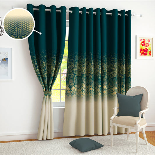 2 Pcs Green and Beige Abstract Digital Faux Silk Medium room Darkening Window | Door | Long Door Curtains