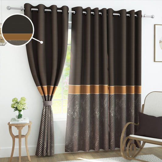 2 Pcs Dark Brown Abstract Digital Faux Silk Medium room Darkening Window | Door | Long Door Curtains