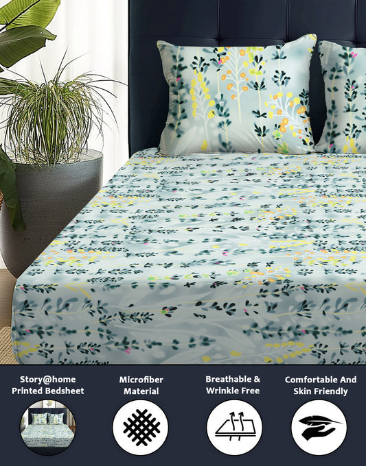 Arena 160 TC Grey Leaf Double / Single Size Bedsheet With Pillow Cover