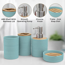Story@Home Teal 4 Pcs Bamboo Bathroom Accessories Set - Toothbrush Holder, Soap Dispenser, Tumbler and Soap Dish
