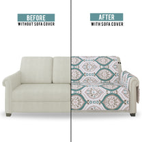 Sofa Throw Cover With Motif & Paisley Pattern In Ivory & Ocean Green For 1 | 2 | 3 | 4 Seater From Story@Home