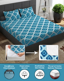 144 TC 100% Cotton Blue Queen Fitted Bedsheet