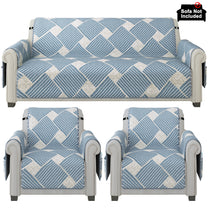 Sofa Throw Cover Combo – 2 Pcs 1 Seater and 1 Pc 3 Seater Greyish Blue Geometric & Stripes Pattern with Pocket by Story@Home
