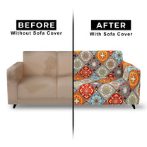 Sofa Cover Combo – 2 Pcs 1 Seater and 1 Pc 3 Seater Elastic Stretchable in Orange Motif Pattern by Story@Home