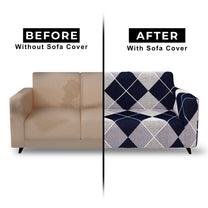 Sofa Cover Combo – 1 Pc 2 Seater and 1 Pc 3 Seater Elastic Stretchable in Navy Blue & Grey Geometric Pattern by Story@Home