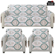 Sofa Throw Cover Combo – 2 Pcs 1 Seater and 1 Pc 3 Seater Ivory & Ocean Green Motif & Paisley Pattern with Pocket by Story@Home