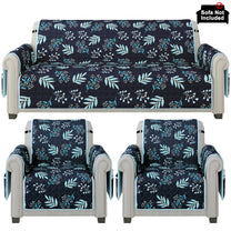 Sofa Throw Cover Combo – 2 Pcs 1 Seater and 1 Pc 3 Seater Navy Blue & Sky Blue Floral & Chevron Pattern with Pocket by Story@Home