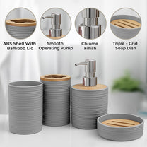 Story@Home Grey 4 Pcs Bamboo Bathroom Accessories Set - Toothbrush Holder, Soap Dispenser, Tumbler and Soap Dish