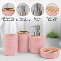 Story@Home Peach 4 Pcs Bamboo Bathroom Accessories Set - Toothbrush Holder, Soap Dispenser, Tumbler and Soap Dish