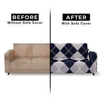 Story@Home Elastic Stretchable 1 | 2 | 3 | 4 Seater Navy Blue And Grey Geometric Pattern Sofa Cover