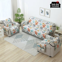 Sofa Throw Cover Combo – 2 Pcs 1 Seater and 1 Pc 3 Seater White & Grey Leaf Pattern with Pocket by Story@Home