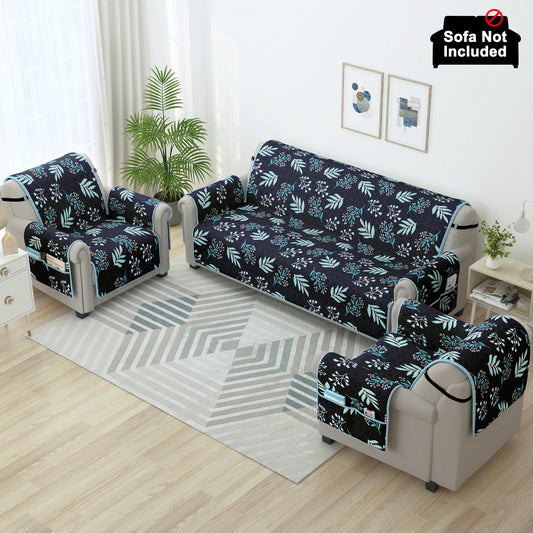 Sofa Throw Cover Combo – 2 Pcs 1 Seater and 1 Pc 3 Seater Navy Blue & Sky Blue Floral & Chevron Pattern with Pocket by Story@Home
