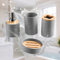 Story@Home Grey 4 Pcs Bamboo Bathroom Accessories Set - Toothbrush Holder, Soap Dispenser, Tumbler and Soap Dish