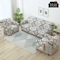 Sofa Throw Cover Combo – 2 Pcs 1 Seater and 1 Pc 3 Seater Ivory & Ocean Green Motif & Paisley Pattern with Pocket by Story@Home