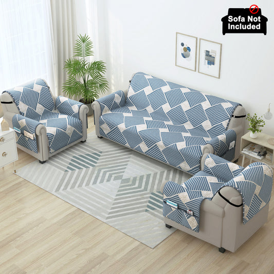 Sofa Throw Cover Combo – 2 Pcs 1 Seater and 1 Pc 3 Seater Greyish Blue Geometric & Stripes Pattern with Pocket by Story@Home