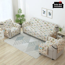 Sofa Throw Cover Combo – 2 Pcs 1 Seater and 1 Pc 3 Seater Beige & Green Floral & Motif Pattern with Pocket by Story@Home