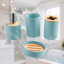 Story@Home Teal 4 Pcs Bamboo Bathroom Accessories Set - Toothbrush Holder, Soap Dispenser, Tumbler and Soap Dish