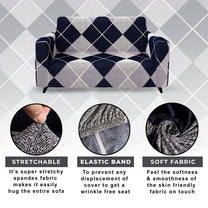 Sofa Cover Combo – 1 Pc 2 Seater and 1 Pc 3 Seater Elastic Stretchable in Navy Blue & Grey Geometric Pattern by Story@Home
