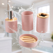 Story@Home Peach 4 Pcs Bamboo Bathroom Accessories Set - Toothbrush Holder, Soap Dispenser, Tumbler and Soap Dish