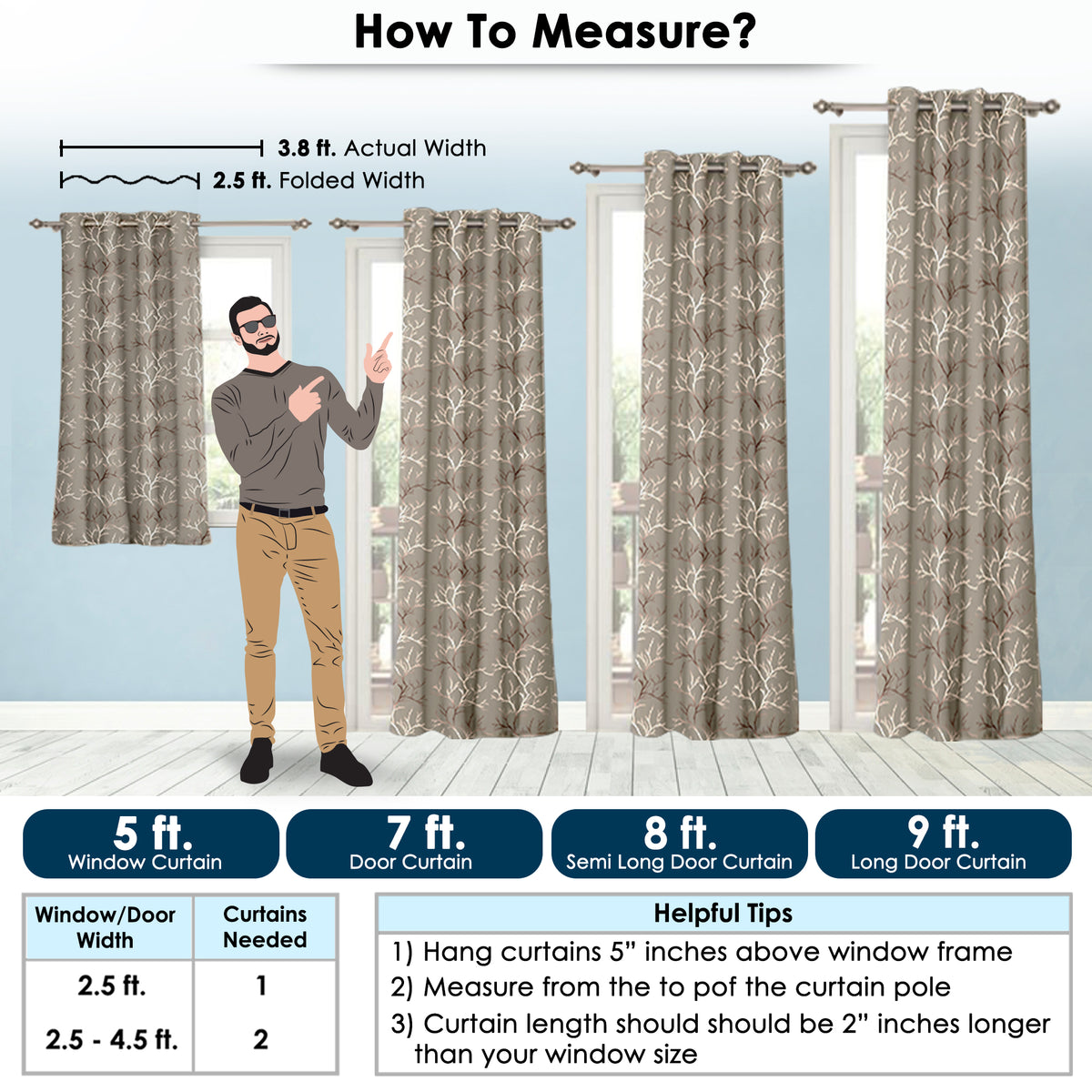 Ivory and copper branches patterned blackout curtains shown in 5 ft, 7 ft, 8 ft, and 9 ft lengths with measuring guide