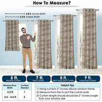 Ivory and copper branches patterned blackout curtains shown in 5 ft, 7 ft, 8 ft, and 9 ft lengths with measuring guide
