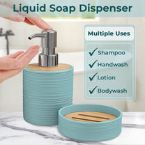 Story@Home Teal 4 Pcs Bamboo Bathroom Accessories Set - Toothbrush Holder, Soap Dispenser, Tumbler and Soap Dish