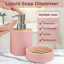Story@Home Peach 4 Pcs Bamboo Bathroom Accessories Set - Toothbrush Holder, Soap Dispenser, Tumbler and Soap Dish