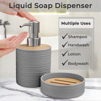 Story@Home Grey 4 Pcs Bamboo Bathroom Accessories Set - Toothbrush Holder, Soap Dispenser, Tumbler and Soap Dish