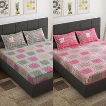 Ventura 144 TC Pink & Brown Squares Cotton Double Bedsheet Combo - Pack of 2